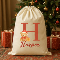 Personalised Christmas Teddy Initial and Name - Christmas Santa Sack