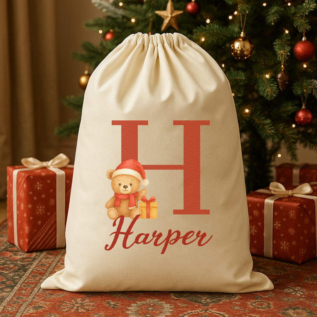 Personalised Christmas Teddy Initial and Name - Christmas Santa Sack