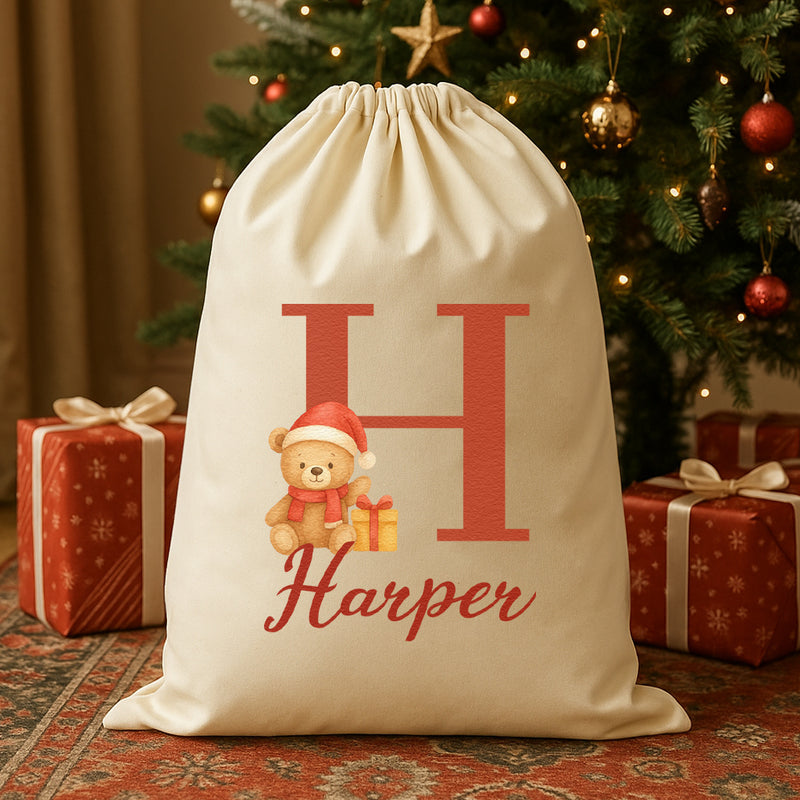 Personalised Christmas Teddy Initial and Name - Christmas Santa Sack