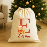 Personalised Christmas Teddy Initial and Name - Christmas Santa Sack