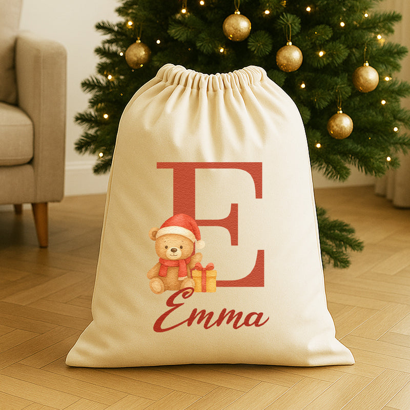 Personalised Christmas Teddy Initial and Name - Christmas Santa Sack