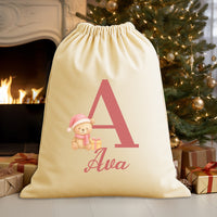 Personalised Christmas Teddy Pink Initial and Name - Christmas Santa Sack