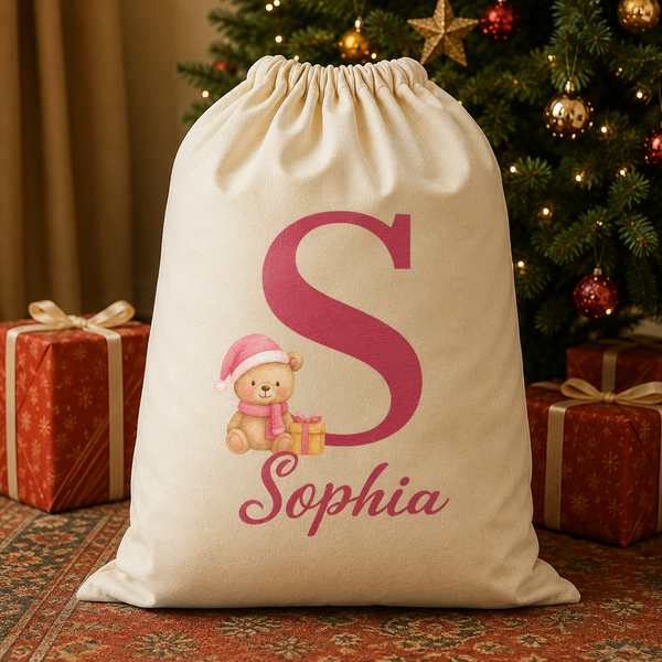 Personalised Christmas Teddy Pink Initial and Name - Christmas Santa Sack