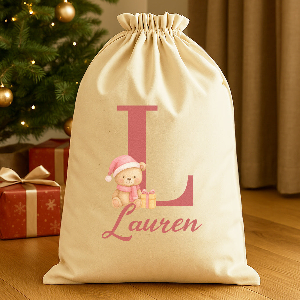 Personalised Christmas Teddy Pink Initial and Name - Christmas Santa Sack