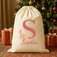 Personalised Christmas Teddy Pink Initial and Name - Christmas Santa Sack