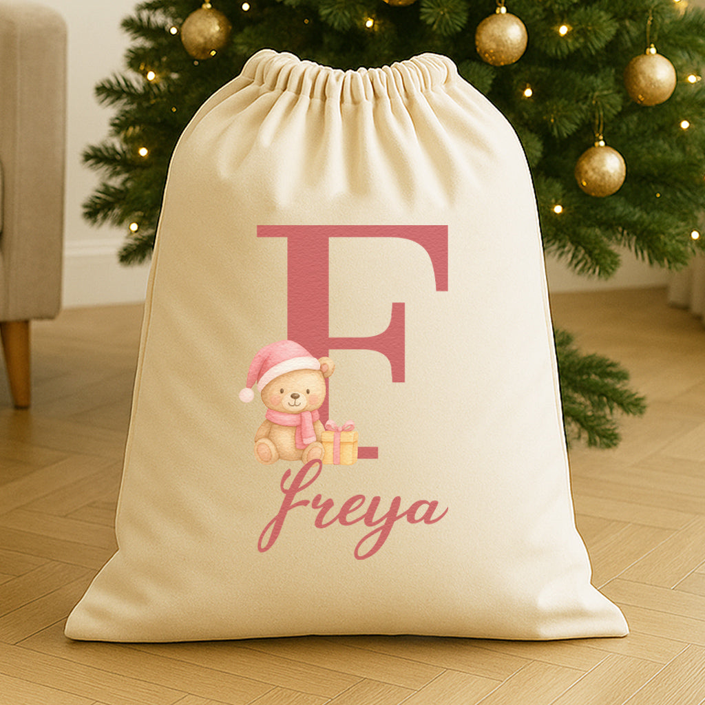 Personalised Christmas Teddy Pink Initial and Name - Christmas Santa Sack