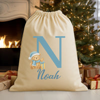 Personalised Christmas Teddy Blue Initial and Name - Christmas Santa Sack