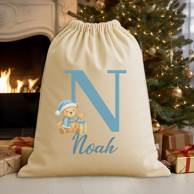 Personalised Christmas Teddy Blue Initial and Name - Christmas Santa Sack