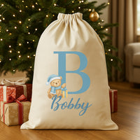 Personalised Christmas Teddy Blue Initial and Name - Christmas Santa Sack