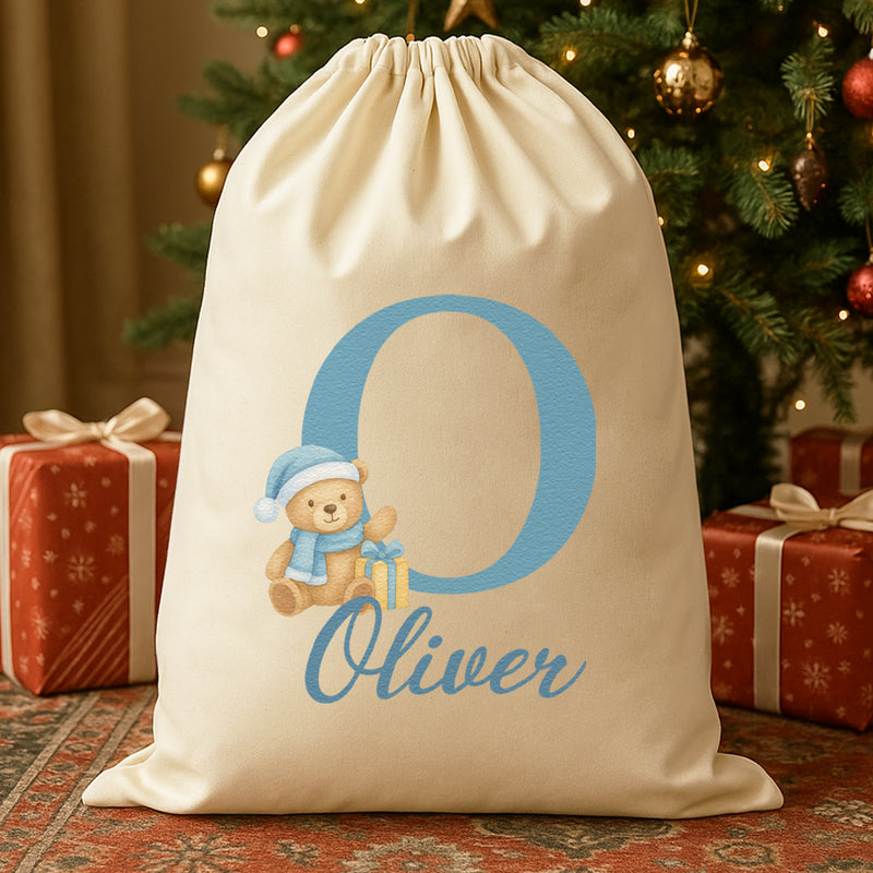Personalised Christmas Teddy Blue Initial and Name - Christmas Santa Sack