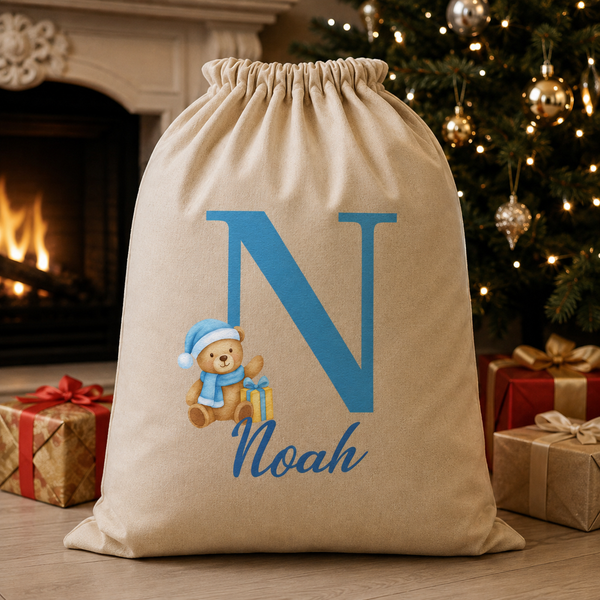 Personalised Christmas Teddy Blue Initial and Name - Christmas Santa Sack