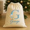 Personalised Christmas Teddy Blue Initial and Name - Christmas Santa Sack