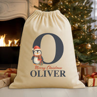 Personalised Christmas Penguin Initial and Name - Christmas Santa Sack