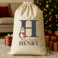 Personalised Christmas Penguin Initial and Name - Christmas Santa Sack