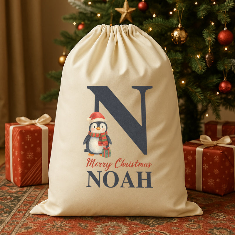 Personalised Christmas Penguin Initial and Name - Christmas Santa Sack