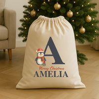 Personalised Christmas Penguin Initial and Name - Christmas Santa Sack
