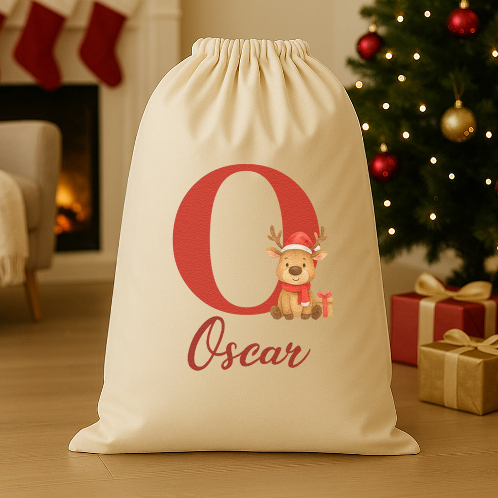 Personalised Christmas Reindeer Initial and Name - Christmas Santa Sack