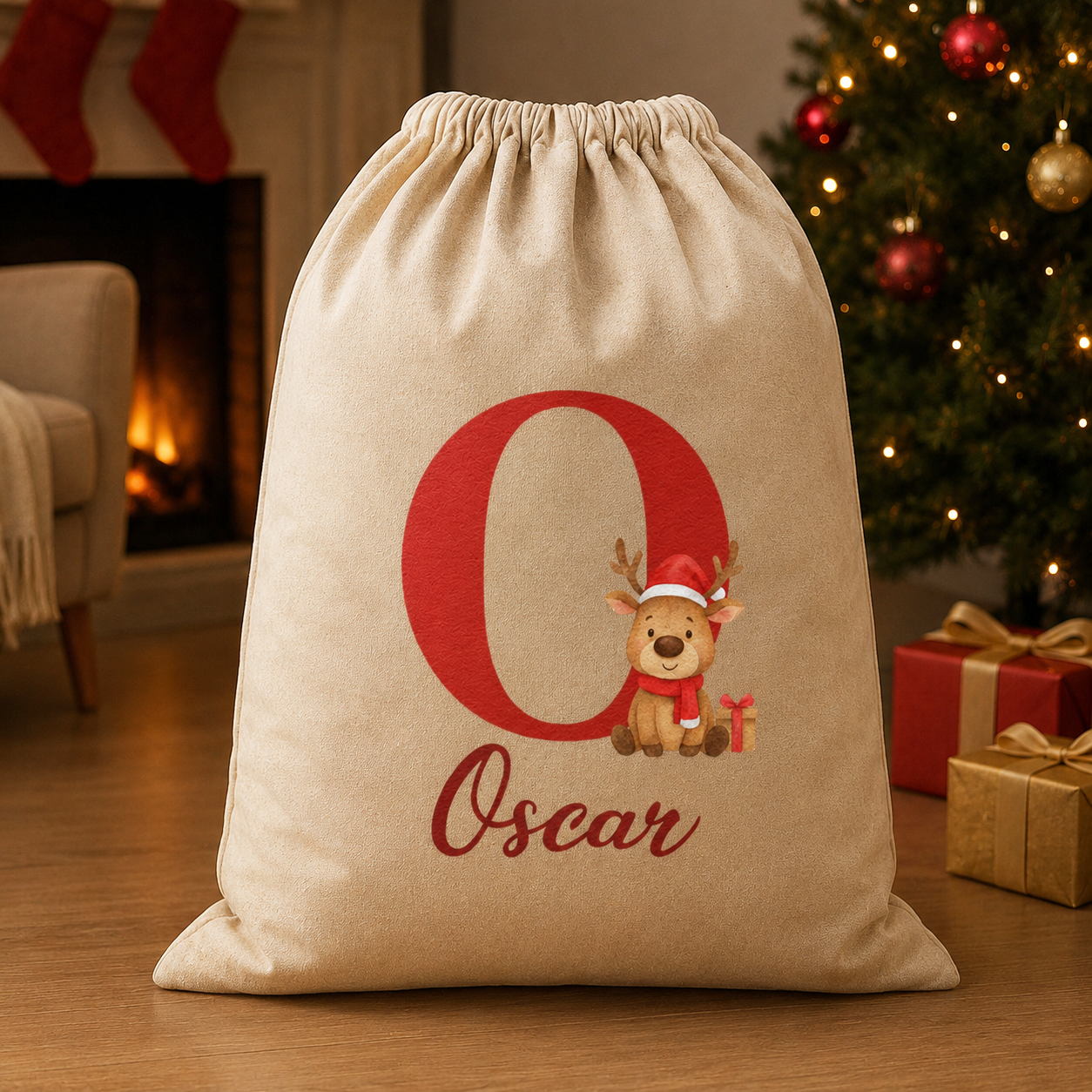 Personalised Christmas Reindeer Initial and Name - Christmas Santa Sack
