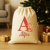 Personalised Christmas Reindeer Initial and Name - Christmas Santa Sack