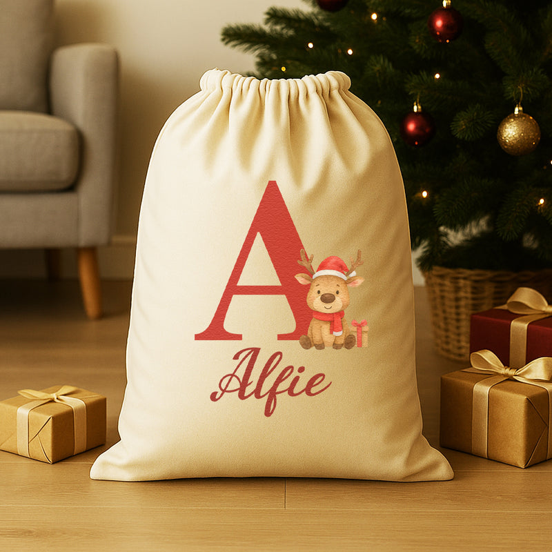 Personalised Christmas Reindeer Initial and Name - Christmas Santa Sack