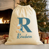 Personalised Christmas Reindeer Blue Initial and Name - Christmas Santa Sack