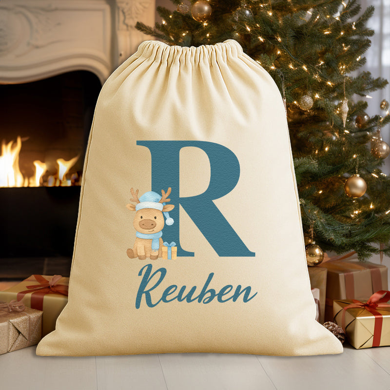 Personalised Christmas Reindeer Blue Initial and Name - Christmas Santa Sack