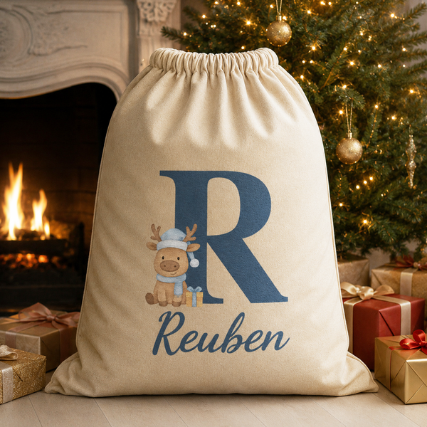 Personalised Christmas Reindeer Blue Initial and Name - Christmas Santa Sack