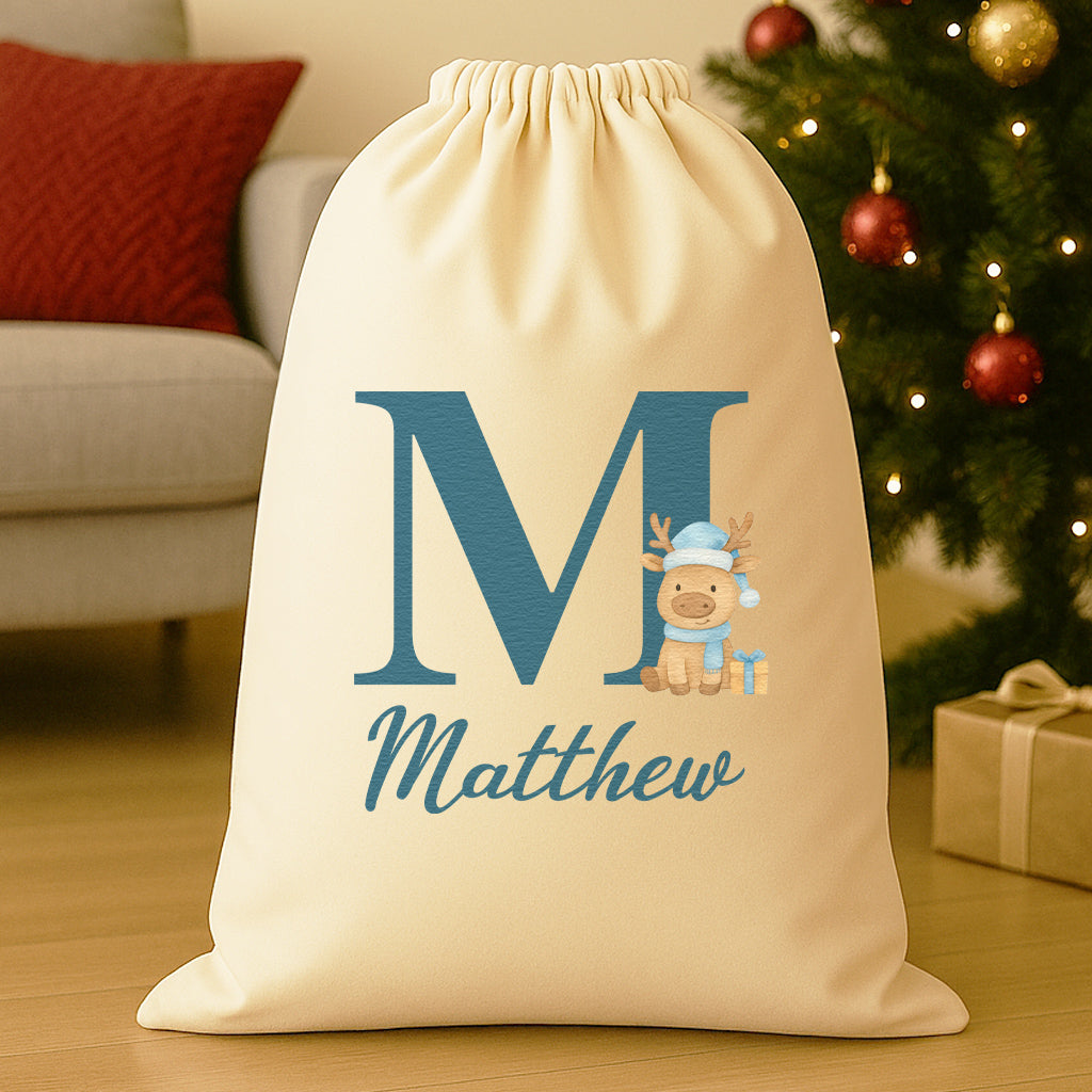 Personalised Christmas Reindeer Blue Initial and Name - Christmas Santa Sack