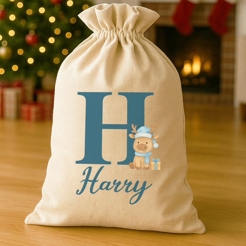 Personalised Christmas Reindeer Blue Initial and Name - Christmas Santa Sack