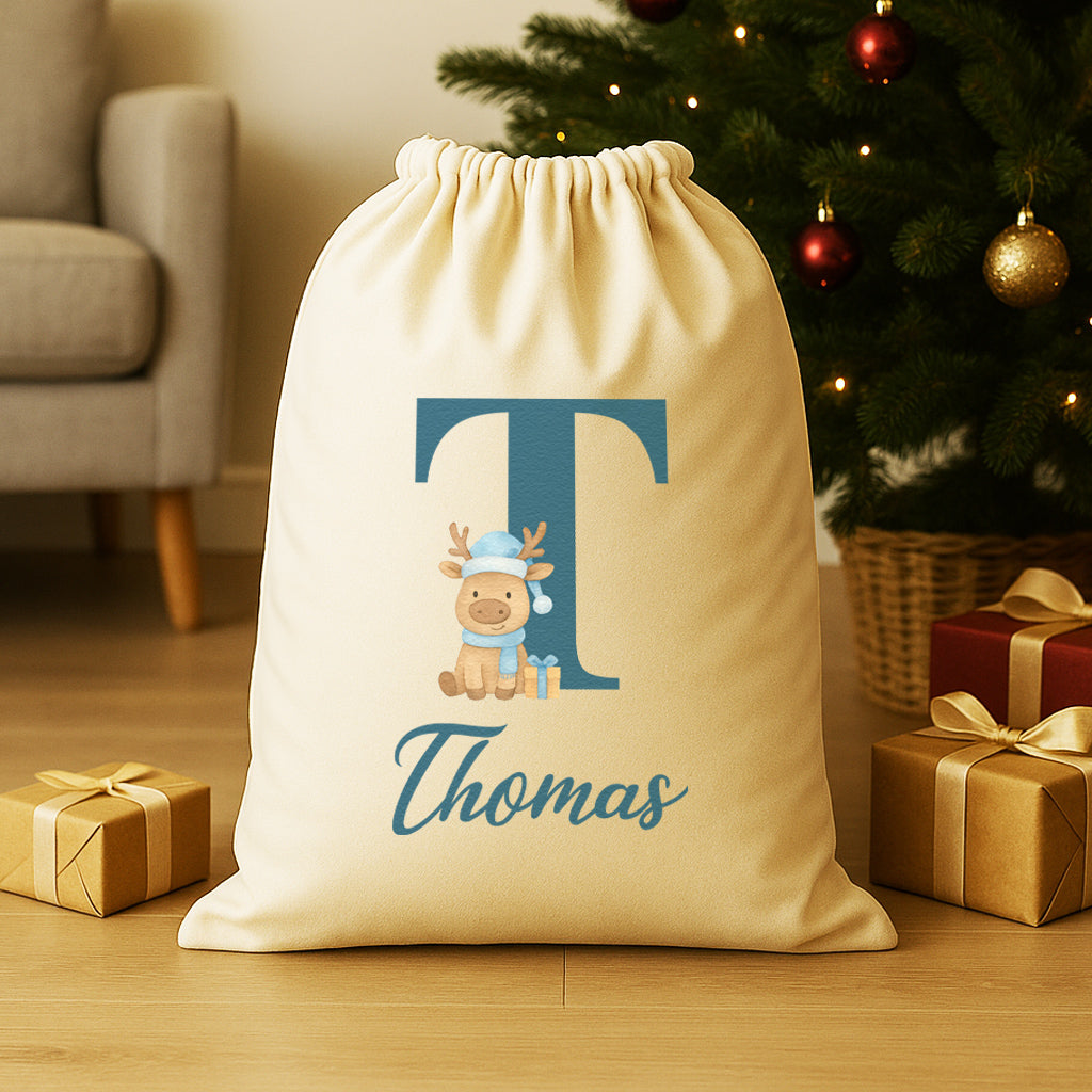 Personalised Christmas Reindeer Blue Initial and Name - Christmas Santa Sack