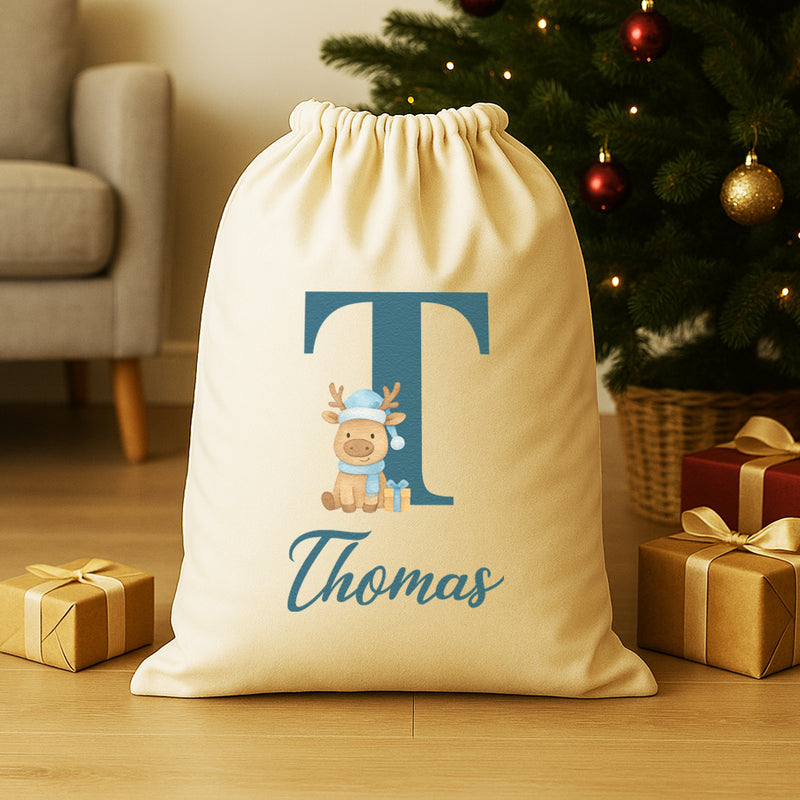 Personalised Christmas Reindeer Blue Initial and Name - Christmas Santa Sack