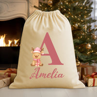 Personalised Christmas Reindeer Pink Initial and Name - Christmas Santa Sack