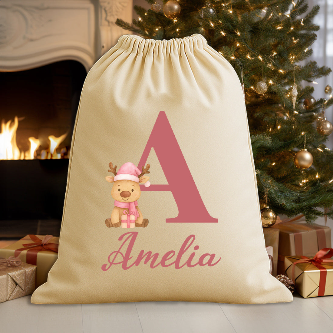 Personalised Christmas Reindeer Pink Initial and Name - Christmas Santa Sack