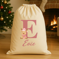 Personalised Christmas Reindeer Pink Initial and Name - Christmas Santa Sack