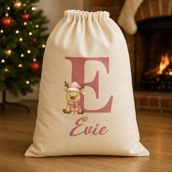 Personalised Christmas Reindeer Pink Initial and Name - Christmas Santa Sack