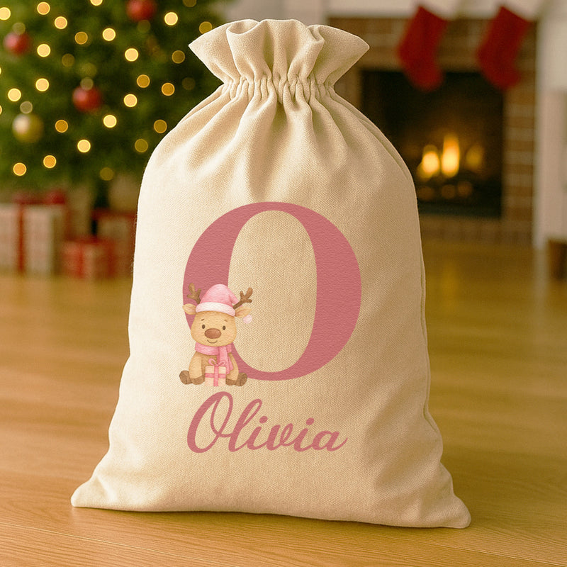 Personalised Christmas Reindeer Pink Initial and Name - Christmas Santa Sack