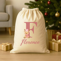 Personalised Christmas Reindeer Pink Initial and Name - Christmas Santa Sack
