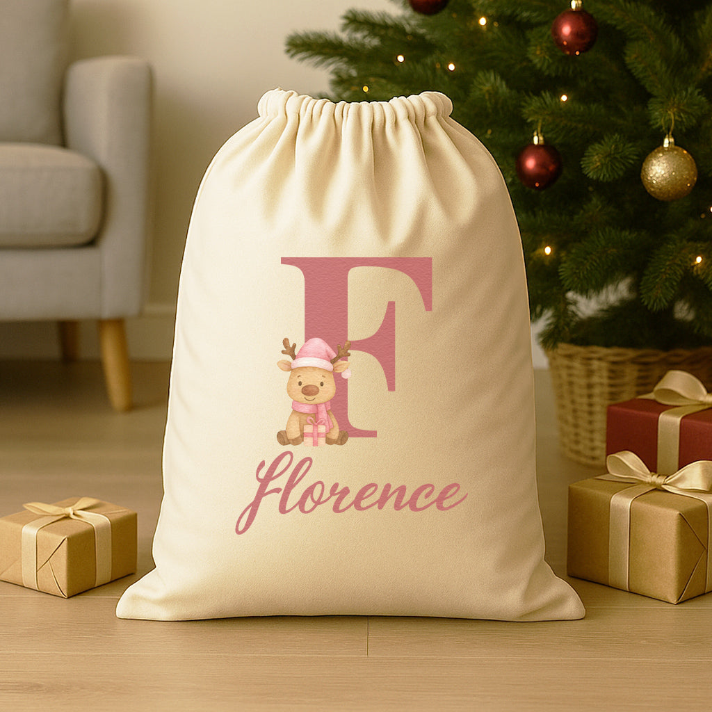 Personalised Christmas Reindeer Pink Initial and Name - Christmas Santa Sack