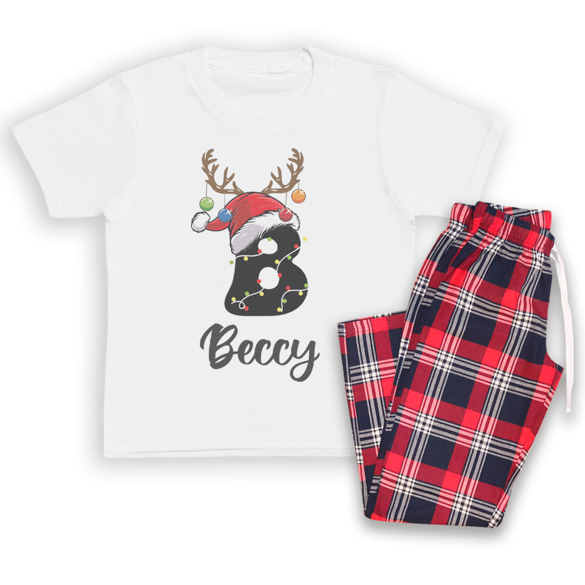 PERSONALISED Initial Reindeer Hat - Family Matching Christmas Pyjamas - Top & Tartan PJ Bottoms (Copy)