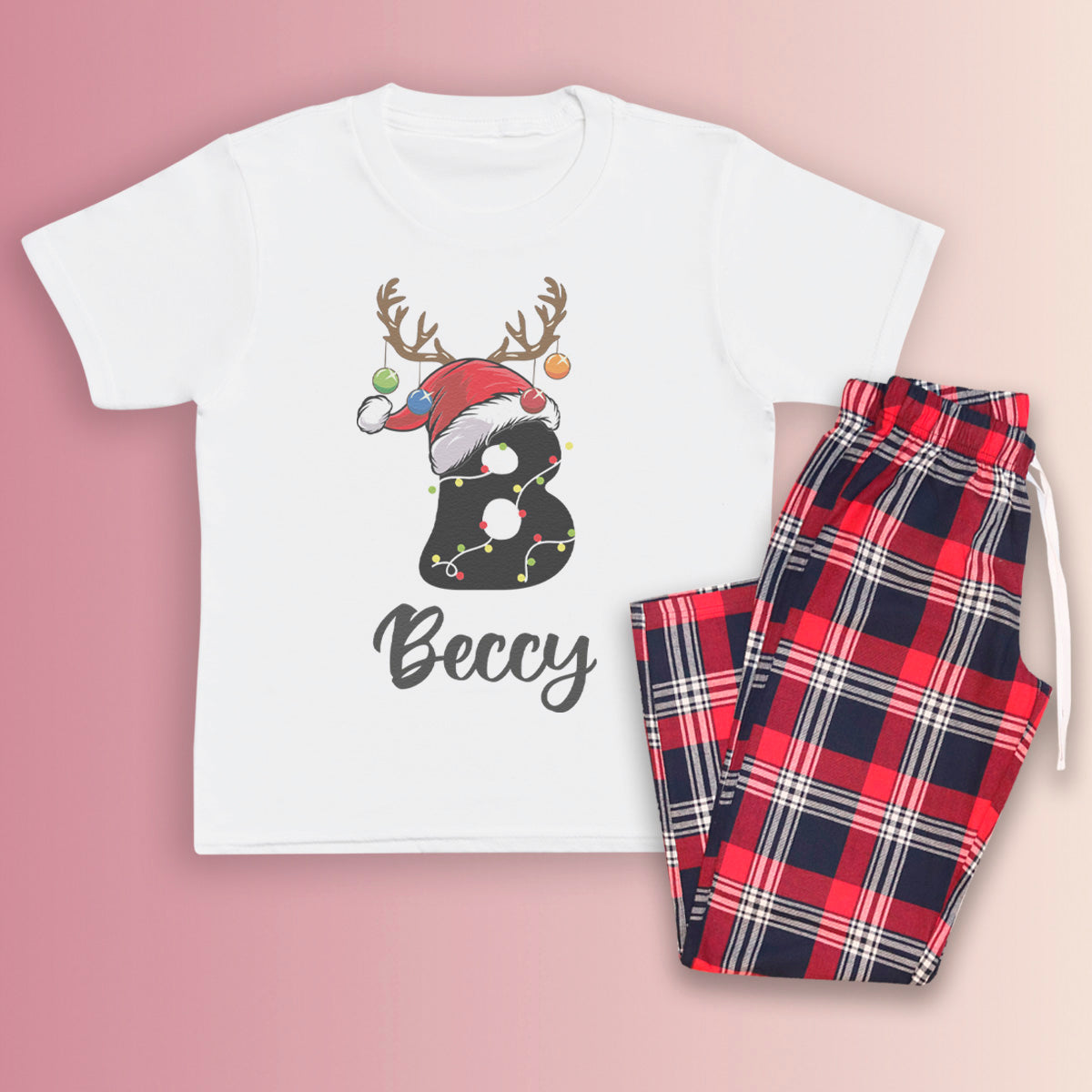 PERSONALISED Initial Reindeer Hat - Family Matching Christmas Pyjamas - Top & Tartan PJ Bottoms (Copy)