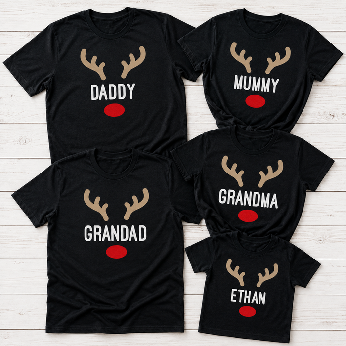 PERSONALISED Name Reindeer - Family Matching Christmas Tops - Adult, Kids & Baby - (Sold Separately)