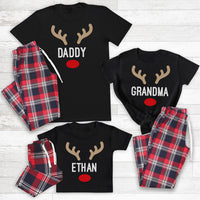 PERSONALISED Name Reindeer Face... - Family Matching Christmas Pyjamas - Top & Tartan PJ Bottoms - (Sold Separately)