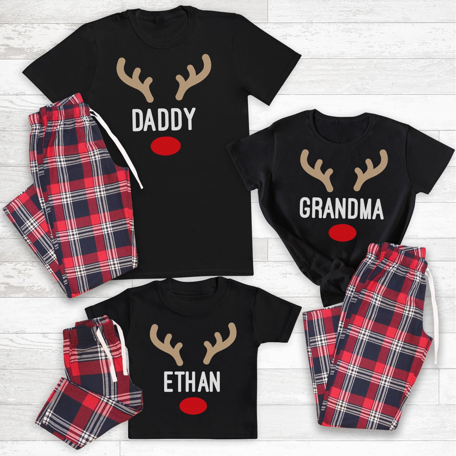 PERSONALISED Name Reindeer Face... - Family Matching Christmas Pyjamas - Top & Tartan PJ Bottoms - (Sold Separately)