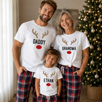 PERSONALISED Name Reindeer Face... - Family Matching Christmas Pyjamas - Top & Tartan PJ Bottoms - (Sold Separately)
