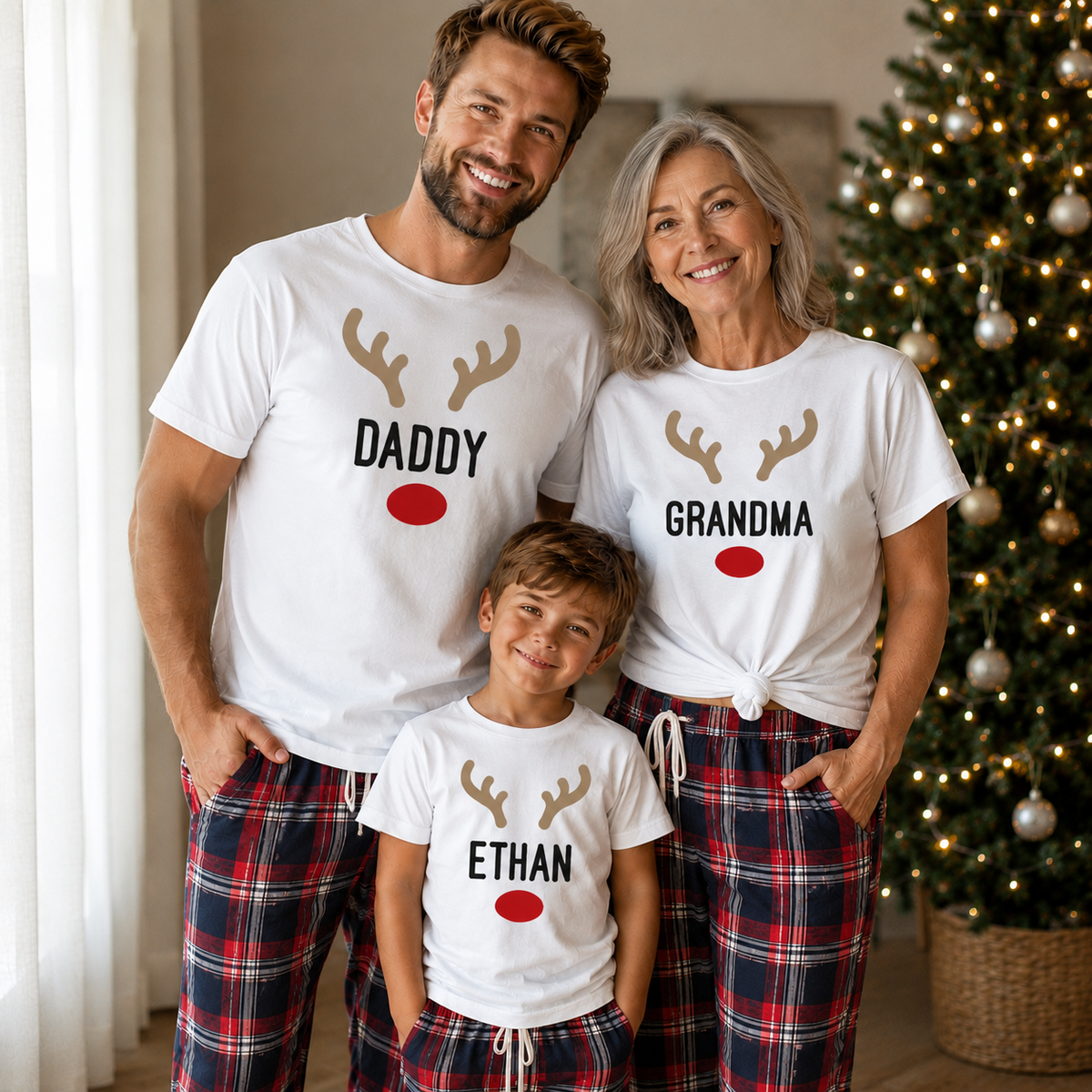 PERSONALISED Name Reindeer Face... - Family Matching Christmas Pyjamas - Top & Tartan PJ Bottoms - (Sold Separately)
