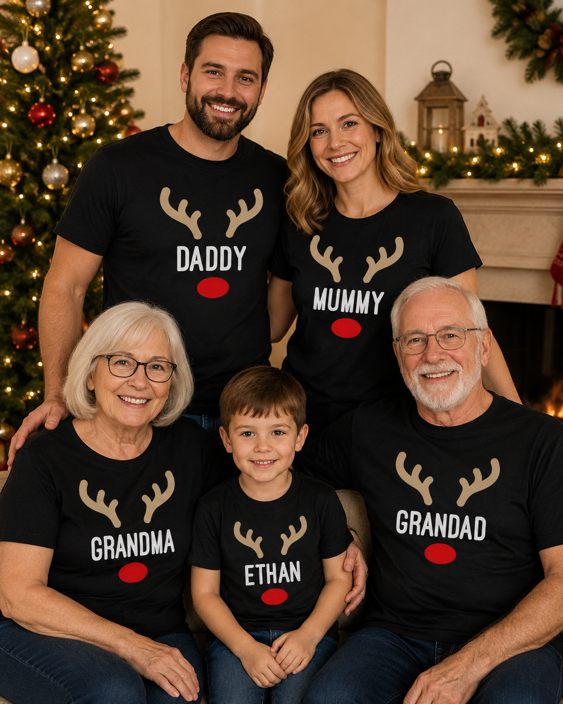 PERSONALISED Name Reindeer - Family Matching Christmas Tops - Adult, Kids & Baby - (Sold Separately)