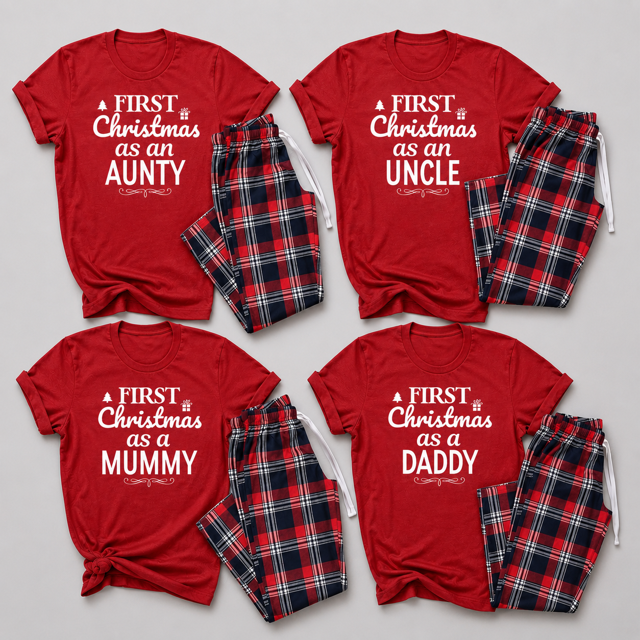PERSONALISED Family Name First Chrsitmas - Family Matching Christmas Pyjamas - Top & Tartan PJ Bottoms - (Sold Separately)