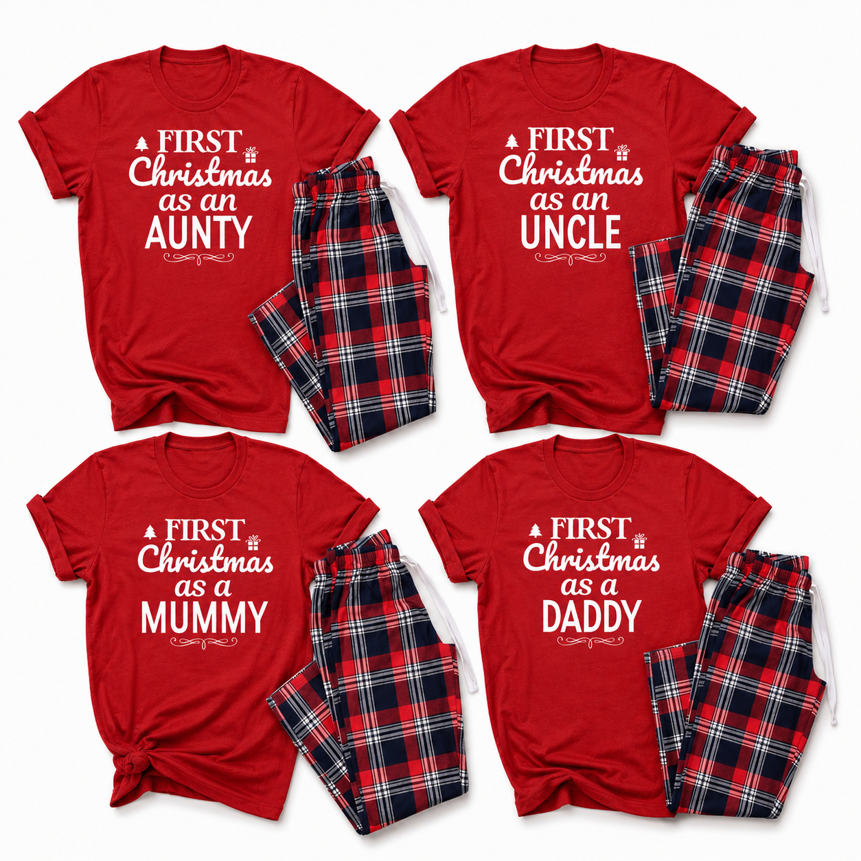 PERSONALISED Family Name First Chrsitmas - Family Matching Christmas Pyjamas - Top & Tartan PJ Bottoms - (Sold Separately)