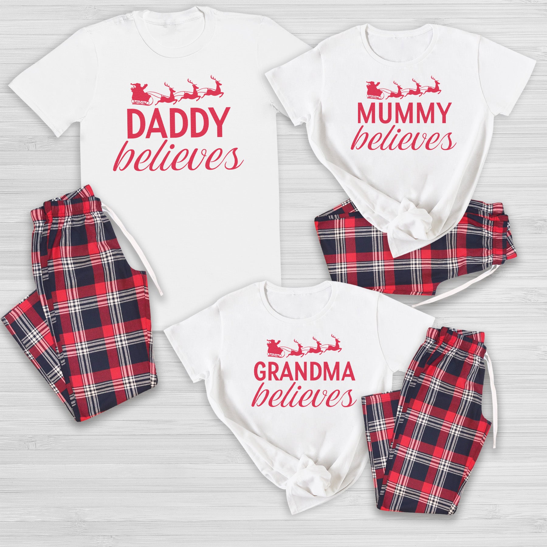PERSONALISED Name Believes... - Family Matching Christmas Pyjamas - Top & Tartan PJ Bottoms - (Sold Separately)