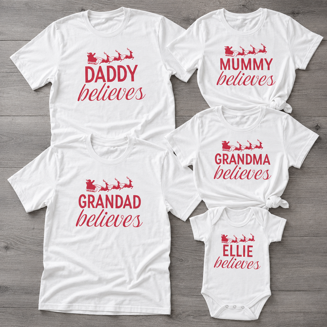 PERSONALISED Name Believes with Sleigh - Family Matching Christmas Tops - Adult, Kids & Baby - (Sold Separately)